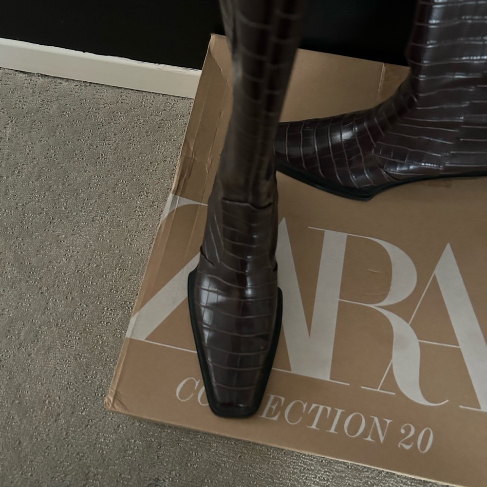 Zara Dark Brown Croc-Embossed Knee Boots - Picture 3 of 5